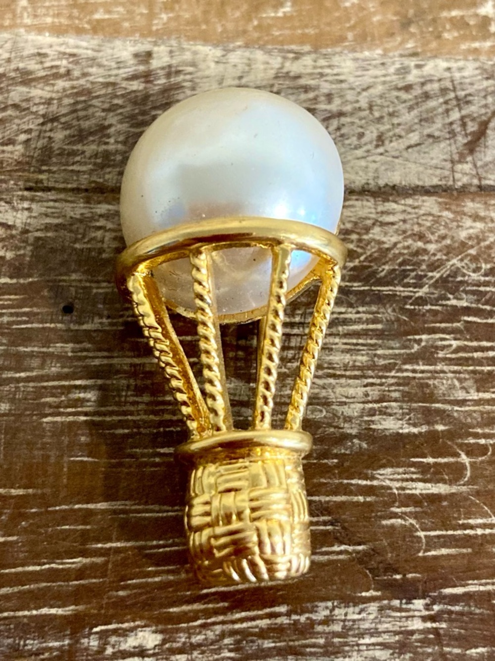 Vintage Napier Hot Air Balloon Brooch Gold Tone Faux Pearl Whimsical 1980s Pin